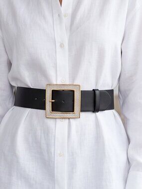 Alexis Kirk Black Rhinestone Big Buckle Belt 2 Belt straps leather /Satin)